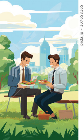 Office workers eating meal from lunchbox 107658165
