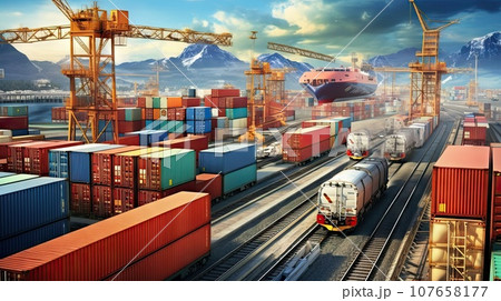 cargo containers and cranes in the middle of an industrial port 107658177