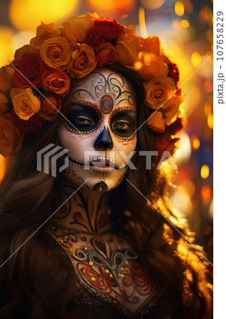 Colorful skull woman. Day of the dead festival concept. Ai generated. 107658229