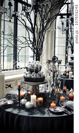 a black and white halloween table setting with candles, skulls, spooks, spiders, spider webs 107658248
