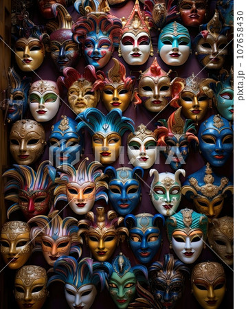 many different colored masks hanging on a wall in venice, italy stock photo 107658430