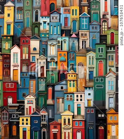 many colorful houses in the middle of town, with lots of them painted on each side to make it look like they're 107658431