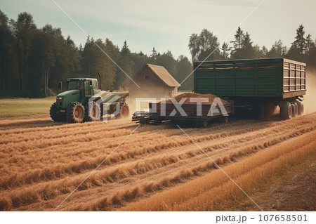 two tractors and a tractor in the middle of a wheat field, with an old barn in the back ground 107658501