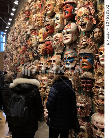 people looking at masks hanging on the wall in an art gallery, one person is standing next to the mask people looking at masks hanging on the wall in an art gallery, one person is standing next to the mask 107658502