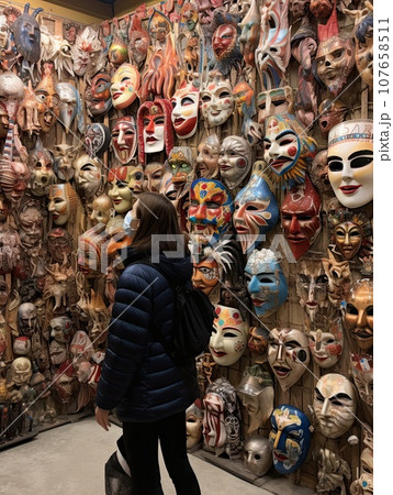a woman standing in front of a wall full of masks that have been painted on the walls and are all different colors 107658511