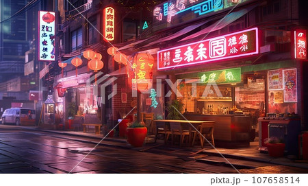 an asian restaurant in the middle of a city at night with neon signs and people walking on the sidewalks 107658514