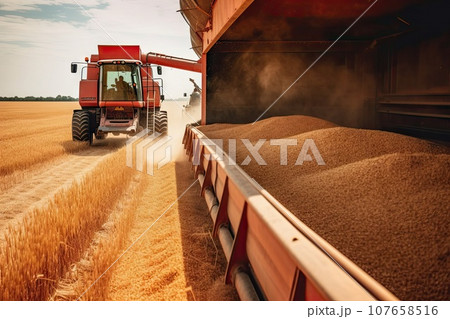 a red combine being harvested in a wheat field with the sun shining through the grain bins on a sunny summer day a red combine being harvested in a wheat field with the sun shining through the grain bins on a sunny summer day 107658516