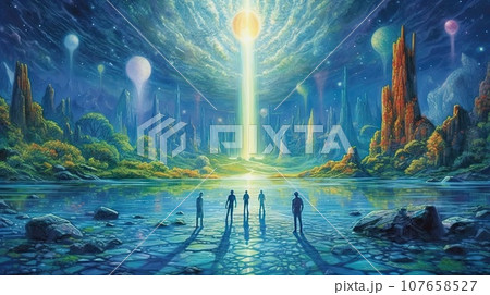 two people standing in the middle of a river, looking at an alien planet with bright light coming from it two people standing in the middle of a river, looking at an alien planet with bright light coming from it 107658527