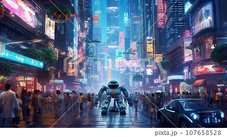 a futuristic city with people walking on the street and cars parked in front of tall buildings at night, 3d illustration 107658528