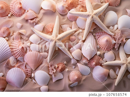 starfishs and seashells on the beach in florida, usa by pacificstocker com via photo 107658574