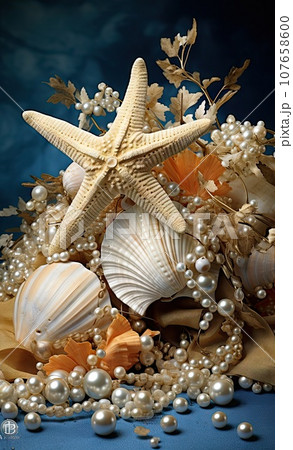 seashells, pearls and starfish on a blue background by pacificstocker for stocksycout 107658600