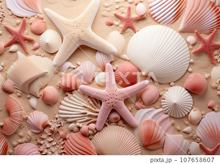 seashells and starfish on the beach, with pink sand in the foreground photo 107658607