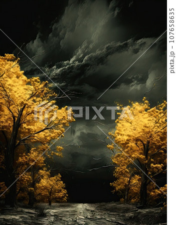 two trees with yellow leaves in the middle and dark clouds above them, as if they'retified two trees with yellow leaves in the middle and dark clouds above them, as if they'retified 107658635