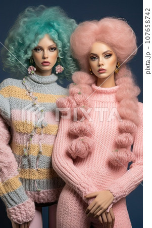 two barbie dolls wearing pink and blue wigs, one with green hair and the other with blonded head two barbie dolls wearing pink and blue wigs, one with green hair and the other with blonded head 107658742