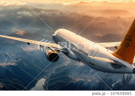 an airplane flying in the sky with mountains in the background and sun shining down on the plane's wing 107658985