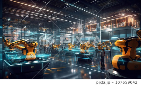 an industrial factory with robots working on the machines and people looking at them in the room is lit by bright blue lights an industrial factory with robots working on the machines and people looking at them in the room is lit by bright blue lights 107659042