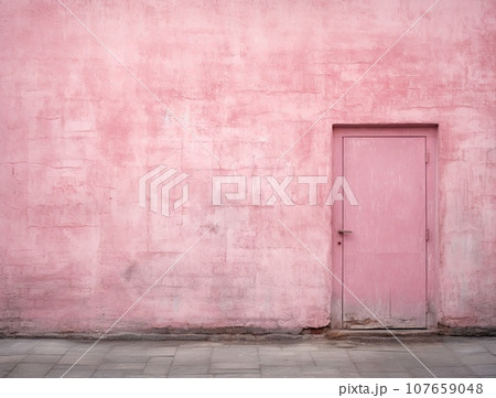 a pink wall with a door in the middle, taken from behind it is an empty space for text or image 107659048