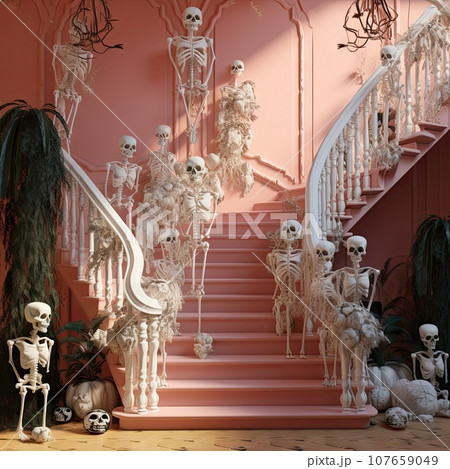 halloween decorations on the stairs in a pink room with lots of fake skeletons and spooks hanging from the ceiling 107659049