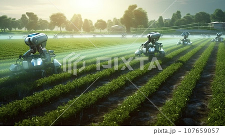 two people in the middle of a field, spraying pesticides on crops to protect them from mosquitoes 107659057