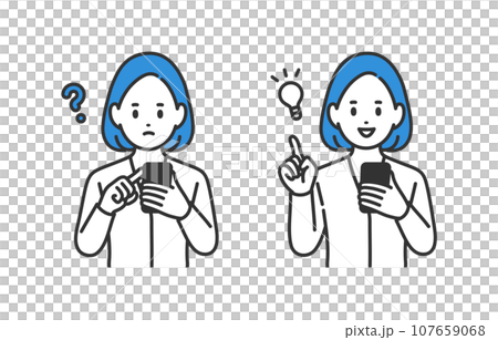 一組女商人看著智能手機，擺出懷疑/靈感的姿勢【人物矢量插畫素材】 107659068