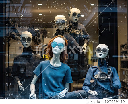 three manne heads in a store window with many different types of clothing and glasses on them, all looking at the same three manne heads in a store window with many different types of clothing and glasses on them, all looking at the same 107659139