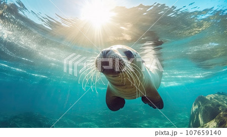 a sea lion swimming in the ocean with sunlight shining through its fur, taken from underwater photography by photographer person 107659140