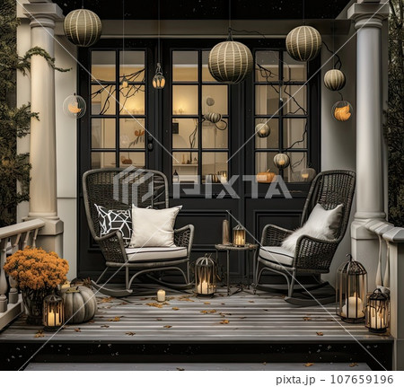 two chairs on the front porch with lanterns hanging above them and pumpkins in vases, candles and flowers 107659196