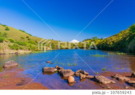 (静岡県)ヤマツツジ咲く箱根玄岳から眺める雪化粧した富士山 (静岡県)ヤマツツジ咲く箱根玄岳から眺める雪化粧した富士山 107659243