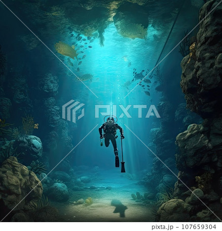 an underwater diver swimming in the deep blue water, with fish and corals surrounding himachali island, maldives islands, indian an underwater diver swimming in the deep blue water, with fish and corals surrounding himachali island, maldives islands, indian 107659304