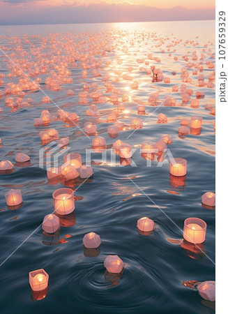 paper lanterns floating in the ocean at sunset, as seen from an aerial drone camera photo by matt courvilleer paper lanterns floating in the ocean at sunset, as seen from an aerial drone camera photo by matt courvilleer 107659329