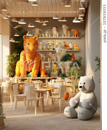 a kid's room with stuffed animals on the wall and tables in the middle, there is a teddy bear sitting next to a kid's room with stuffed animals on the wall and tables in the middle, there is a teddy bear sitting next to 107659353