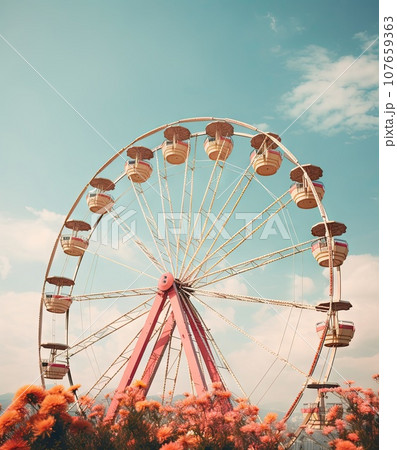 a ferris in the middle of a field with pink flowers and blue sky above it is an image of a ferris wheel a ferris in the middle of a field with pink flowers and blue sky above it is an image of a ferris wheel 107659363