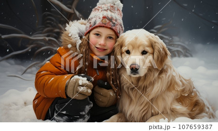 Portrait of a beautiful little girl in winter parka and knitted hat with a big shaggy dog in winter snowy forest. Cute child cuddles with his adored pet. Winter tale of love and friendship. 107659387