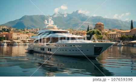 Luxury yacht moored in picturesque bay of beautiful ancient Mediterranean city. Ultra-modern megayacht reflected in water under the bright summer sun. Luxury tourism and romantic sea cruises concept. Luxury yacht moored in picturesque bay of beautiful ancient Mediterranean city. Ultra-modern megayacht reflected in water under the bright summer sun. Luxury tourism and romantic sea cruises concept. 107659390