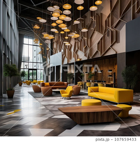 an office lobby with yellow couches and large wooden lamps hanging from the ceiling over the area is tiled floor 107659433