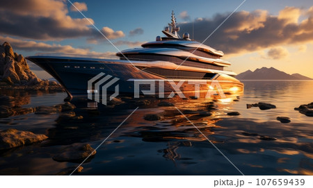 Luxury yacht moored in a picturesque bay in the evening light. A modern megayacht with a beautifully illuminated hull in the rays of the setting sun. Luxury tourism and romantic sea cruises concept. Luxury yacht moored in a picturesque bay in the evening light. A modern megayacht with a beautifully illuminated hull in the rays of the setting sun. Luxury tourism and romantic sea cruises concept. 107659439