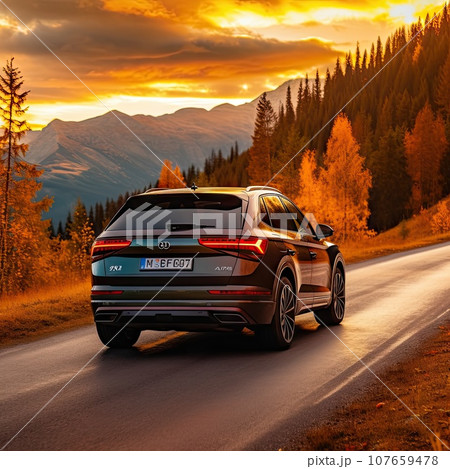 an audi suv driving down the road in front of mountains and trees at sunset with dramatic colors on the sky 107659478