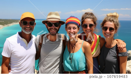 Group photo of young, cheerful, friendly tourists against the backdrop of the picturesque sea coast. Happy men and women in summer clothes, hats and sunglasses look at the camera, smiling cheerfully. Group photo of young, cheerful, friendly tourists against the backdrop of the picturesque sea coast. Happy men and women in summer clothes, hats and sunglasses look at the camera, smiling cheerfully. 107659483