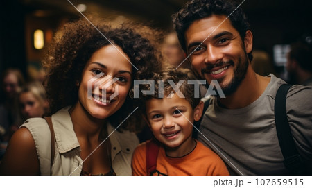 Cheerful multiracial family watching movie in cinema theater. Father, mother and son spending weekend together. Happy smiling parents and kid enjoying communication and shared leisure time. Cheerful multiracial family watching movie in cinema theater. Father, mother and son spending weekend together. Happy smiling parents and kid enjoying communication and shared leisure time. 107659515