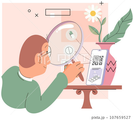 Secure and convenient online pharmacy. Order medications via mobile drug app store. Simplify buying medicines online. Man character choosing medication pills from medical app using qr code on phone 107659527