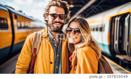 A young happy prosperous couple stands at the railway station near a passing train, before boarding the carriage. Vacation, slow motion travel, happy honeymoon 107659549