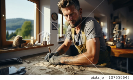 A middle-aged carpenter marks a product and prepares it for processing. Caucasian furniture designer is engaged in creative work in a loft studio. A young handsome craftsman works in a cozy workshop. 107659645