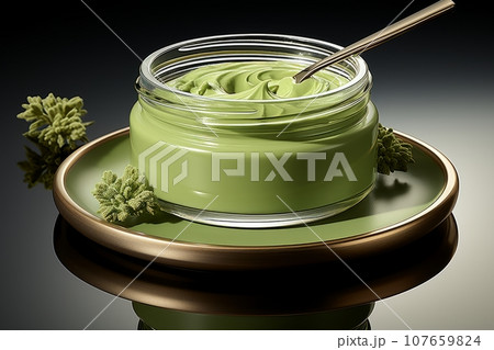 A glass jar with homemade organic cream or ointment with natural ingredients. Cosmetic product made of olive oil, avocado, herbs and spices. DIY remedy for body and health. Organic beauty products. A glass jar with homemade organic cream or ointment with natural ingredients. Cosmetic product made of olive oil, avocado, herbs and spices. DIY remedy for body and health. Organic beauty products. 107659824