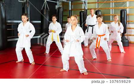 Kids at taekwondo workout, training attack movements Kids at taekwondo workout, training attack movements 107659829