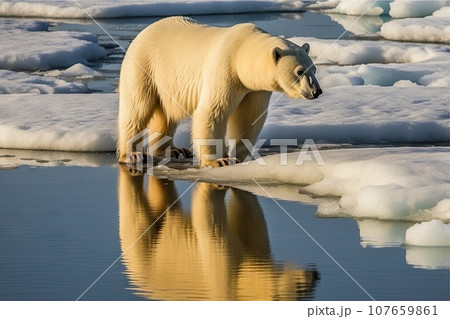 a polar bear standing on some ice in the water and looking at something that is reflected in it's surface 107659861