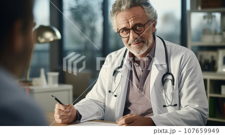 Mature gray-haired doctor in white medical gown talking with patient in office. Experienced clinician listens carefully to patient's complaints and makes notes in notebook. Quality medical treatment. Mature gray-haired doctor in white medical gown talking with patient in office. Experienced clinician listens carefully to patient's complaints and makes notes in notebook. Quality medical treatment. 107659949