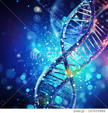 a dna molecule on a dark blue background with bright lights and blurs in the fore - image is used as an example for a dna molecule on a dark blue background with bright lights and blurs in the fore - image is used as an example for 107659968