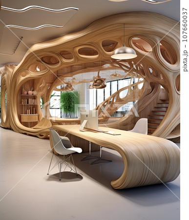 a modern office with wooden furniture and large wood sculptures on the walls, as well as an art work space a modern office with wooden furniture and large wood sculptures on the walls, as well as an art work space 107660037