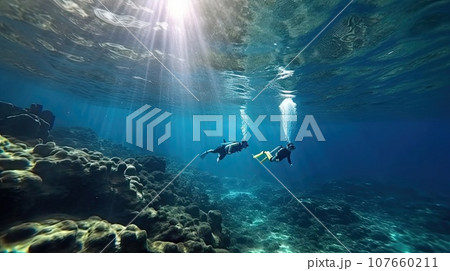 two people snoring in the ocean, with sunlight streaming through the water's surface and creating an underwater scene 107660211