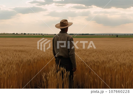 a man standing in a wheat field with his back to the camera he is wearing a hat and looking at the sky a man standing in a wheat field with his back to the camera he is wearing a hat and looking at the sky 107660228